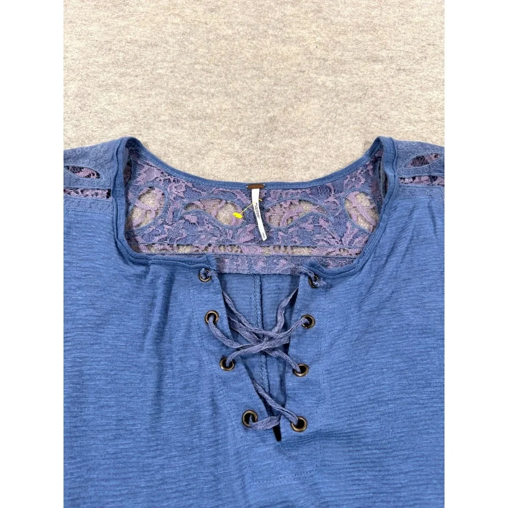 Free People Blouse Womens S Blue Viscose Paisley Lace Long Sleeve High Low Hem